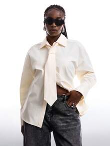 SHEIN EZwear Áo sơ mi tay dài cổ buộc dây, đệm vai cỡ lớn, tối giản cho nữ cỡ lớn, phù hợp mặc hàng ngày, đi làm, trang phục công sở, phong cách học sinh, thời trang đô thị - Vàng nhạt - Xem 3