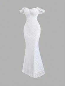 Sweetra Elegant Lace Texture Maxi Mermaid Dress, Sexy & Graceful For Party, Vacation, Autumn/Spring - White - View 1