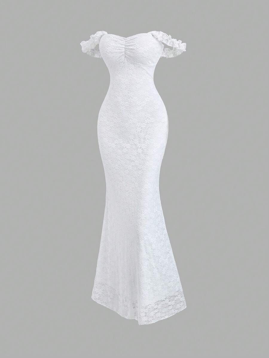 Sweetra Elegant Lace Texture Maxi Mermaid Dress, Sexy & Graceful For Party, Vacation, Autumn/Spring - White - View 1