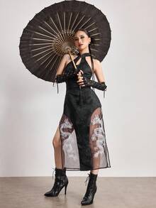 ROMWE Avant Spring/Summervalentine's DaygraphicChinese Style Water Drop Collar Dragon Embroidery Slit Sexy Dress - Black - View 8