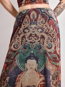 ROMWE Avant Chân váy lưới xẻ tà bên hông in hình Phật theo phong cách Trung Hoa cổ điển dành cho nữ. - màu đen - Xem 5