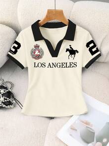 Rovax 女士极简印花 Polo 领短袖上衣 - 杏色 - 查看 5