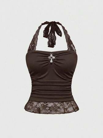 Goth Top corto con diseño de contraste de encaje gótico y sexy estilo Y2K, con cuello halter y diseño de cintura fruncida con cruce