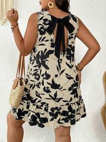 SHEIN Frenchy Plus Size Women Summer Beach Vacation Floral Print Backless Tie-Front Loose Dress - Multicolor - View 3