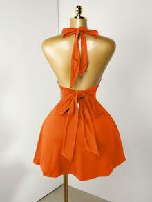 Mistrie Black Tight-Fitting Romper With Deep V-Neck, Backless Strap - Burnt Orange - View 2