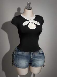 SHEIN ICON Áo dệt kim cỡ lớn kiểu Trung Quốc thời kỳ Y2K, áo kiểu Trung Quốc cổ giọt nước khoét rỗng phối màu tương phản, áo kiểu cổ hoa khoét rỗng phối màu tương phản. - Đen và trắng - Xem 6