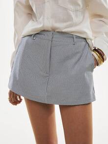 Poéselle 女士休闲通勤条纹短裤棉质半裙，女士休闲装，夏季女士休闲装，适合日常、办公和度假穿着，春夏款 - 藏蓝色 - 查看 8