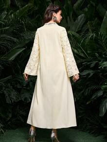 Al Najma Women's Apricot Woven Long Sleeve Sequin Embroidered V-Neck Sequin Ribbon Elegant Arabic Dress, Spring/Summer - Apricot - View 7