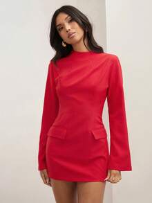 COSMINA 女式春夏纯色立领喇叭袖短款迷你连衣裙 - 紅色 - 查看 4