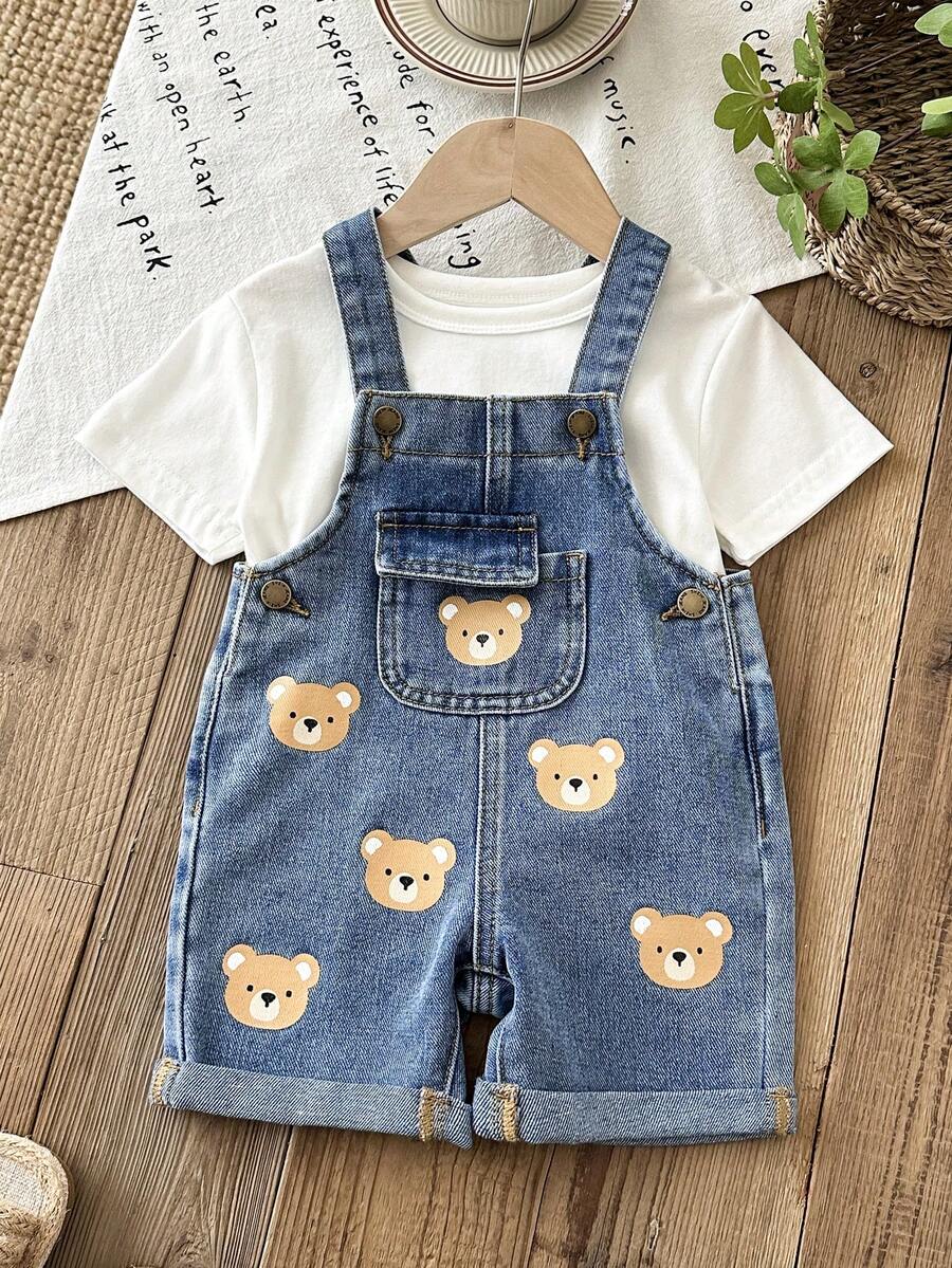 LMoss Kids Baby Boy Cute Cartoon Bear Print Denim Bib Shorts With Flap Pockets, Casual Daily Wear, Summer - Light Wash - View 1