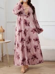 Al Najma Maxikleid in Große Größen für Damen mit Blume Muster, V-Ausschnitt und Langarm im türkischen und arabischen traditionellen Stil - Verschiedenfarbig - Übersicht 5