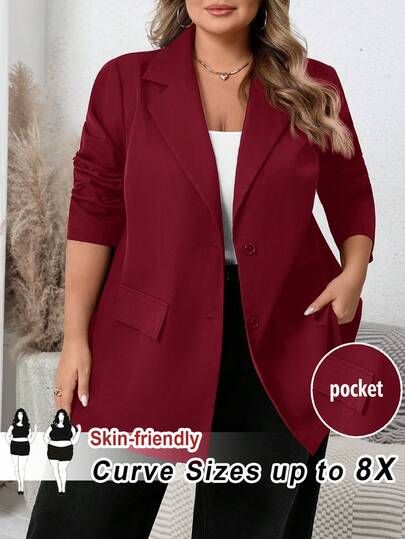 SHEIN CURVE+ Blazer casual de oficina de manga larga con cuello de solapa y unicolor para mujer de talla grande