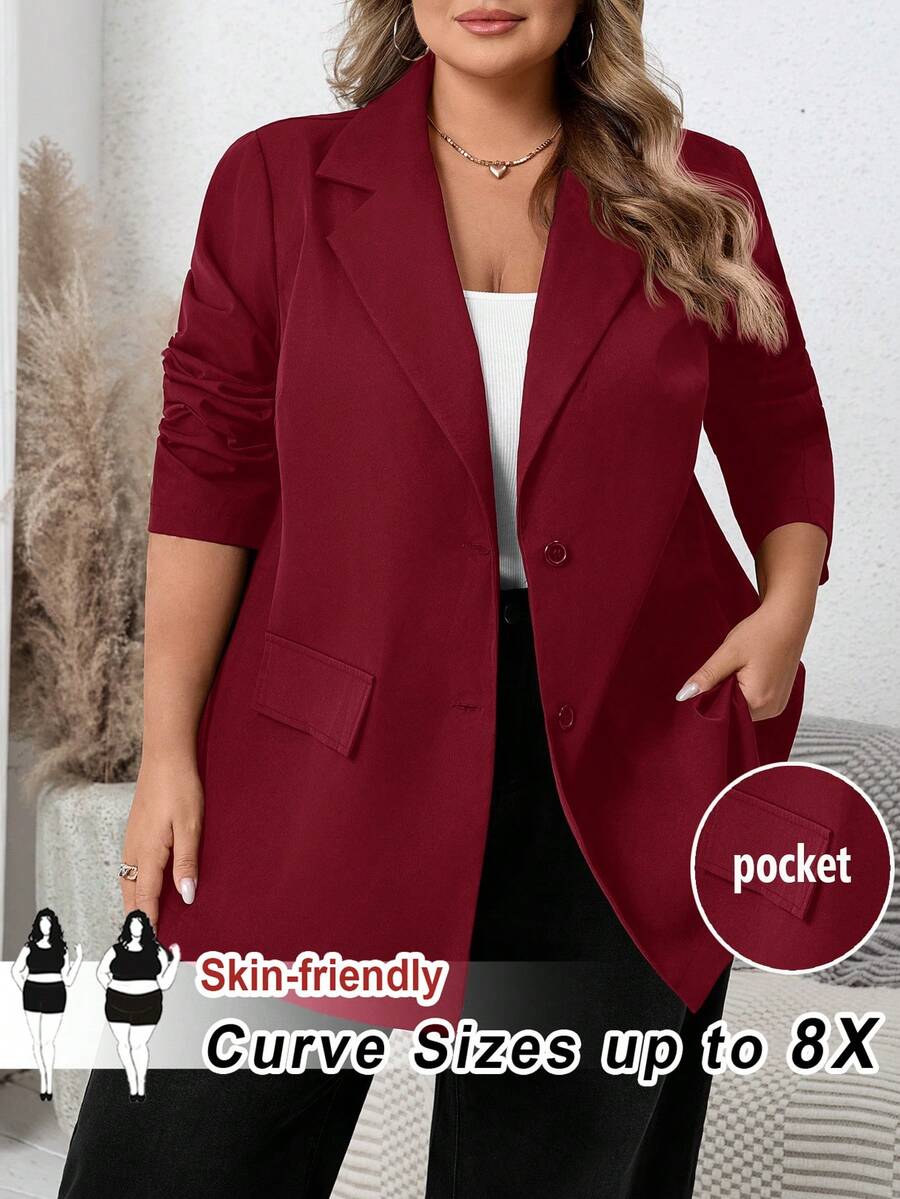 SHEIN CURVE+ Áo blazer nữ cỡ lớn màu trơn cổ ve áo tay dài kiểu dáng công sở thường ngày - Màu Đỏ Sâu - Xem 1