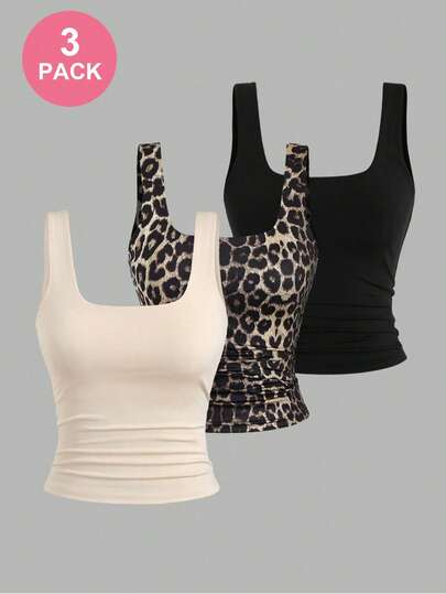 3pcs/Set Teen GirlSquare Neck Camisoles, Apricot Leopard Print, Black, Casual, Suitable For Spring/Summer, Comfortable, Versatile Layering, Fitting, Suitable For Spring, Summer, Autumn, Winter Girls Tanks Multipack Leopard Print Tank Top 3 Pack Tank Tops Cute Tank Tops Tops For Tweens