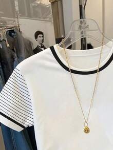 SHEIN Women's Casual Striped Patchwork Round Neck Short Sleeve T-Shirt, Summer - White - View 4