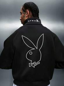 PLAYBOY X SUMWON Black Zip Up Sweatshirt With Large Bunny Graphic Back Print Full Zip Casual Streetwear Jacket