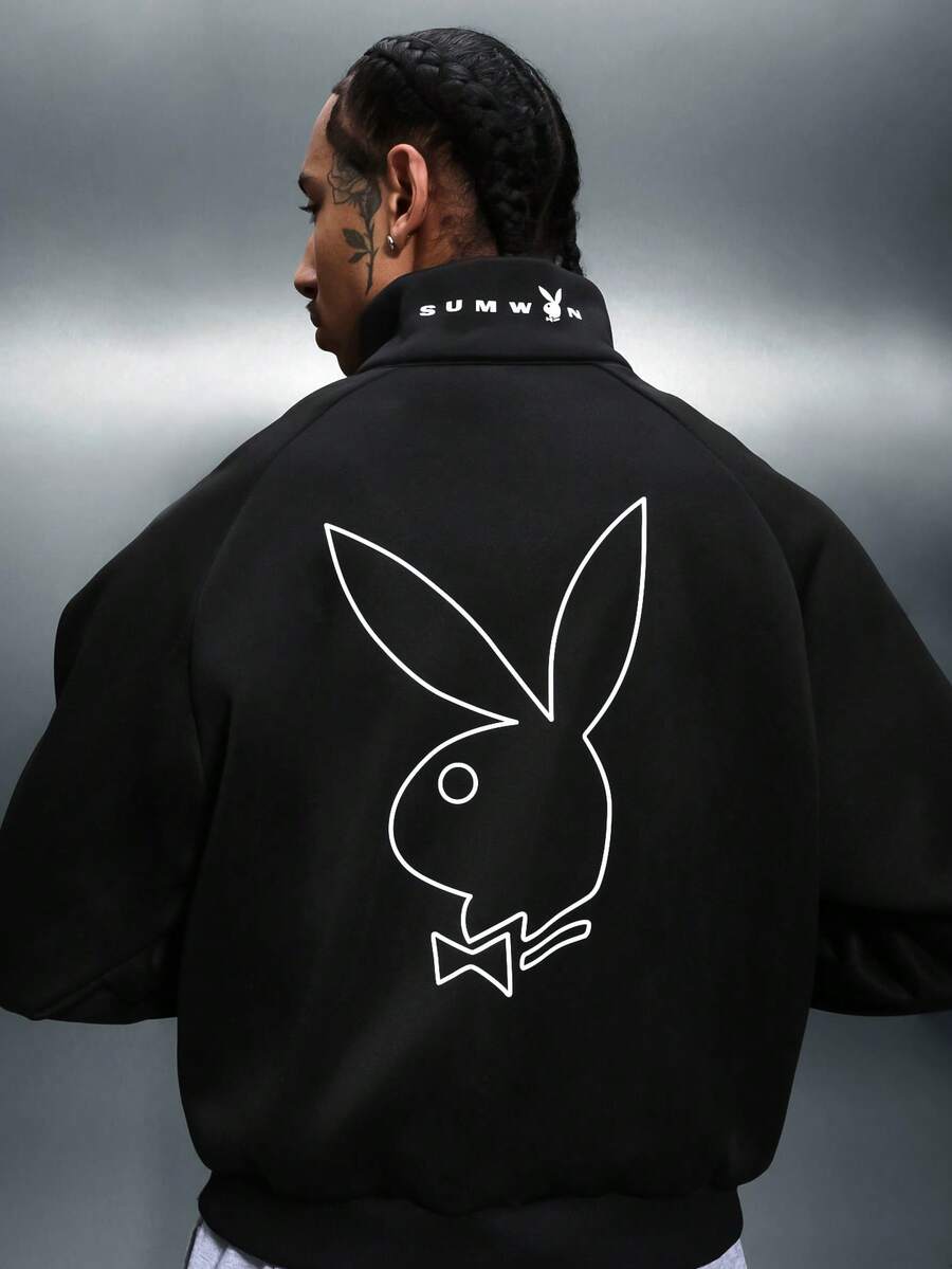 PLAYBOY X SUMWON Black Zip Up Sweatshirt With Large Bunny Graphic Back Print Full Zip Casual Streetwear Jacket