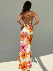 Aloruh Women's Elegant Hibiscus Floral Print Backless Dress, Summer Beach Vacation Outfit, Boho Tropical Vacation Wedding Anniversary Bridesmaid Party Date Sexy Wedding Guest Bridal Shower White Modest Fairy Spring - White - View 2