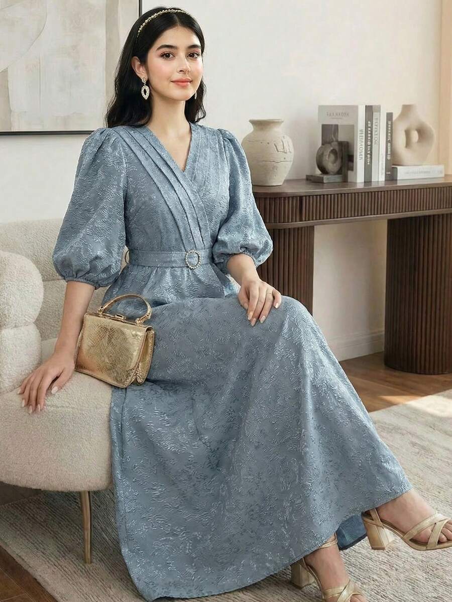 SHEIN Teen Girls' Blue Mist Blue Puff Sleeve Textured Jacquard Waist Fit & Flare Elegant Dress - Dusty Blue - View 1