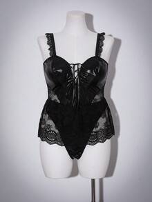 AltCore 1 bộ jumpsuit cỡ lớn phối ren, phong cách punk cổ điển, gợi cảm. - màu đen - Xem 3