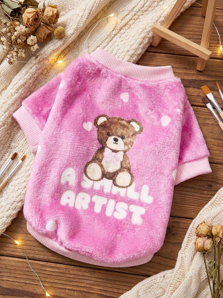 PETSIN 1 Printed Bear Letter Flannel Sweatshirt, Pet Autumn And Winter Thick Warm Pink Version - Pink - View 1