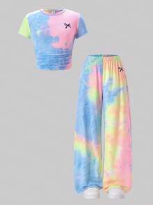 SHEIN 少女休闲街头风时尚扎染蝴蝶结印花T恤和打底裤两件套，百搭日常穿搭，Y2K风格 - 彩色 - 查看 2