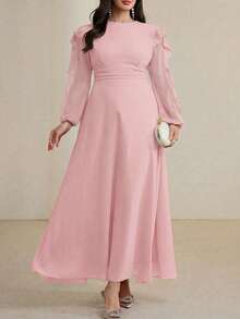 Modelyn Long Round Neck Ruffle Sleeve Black Dress - Pink - View 1