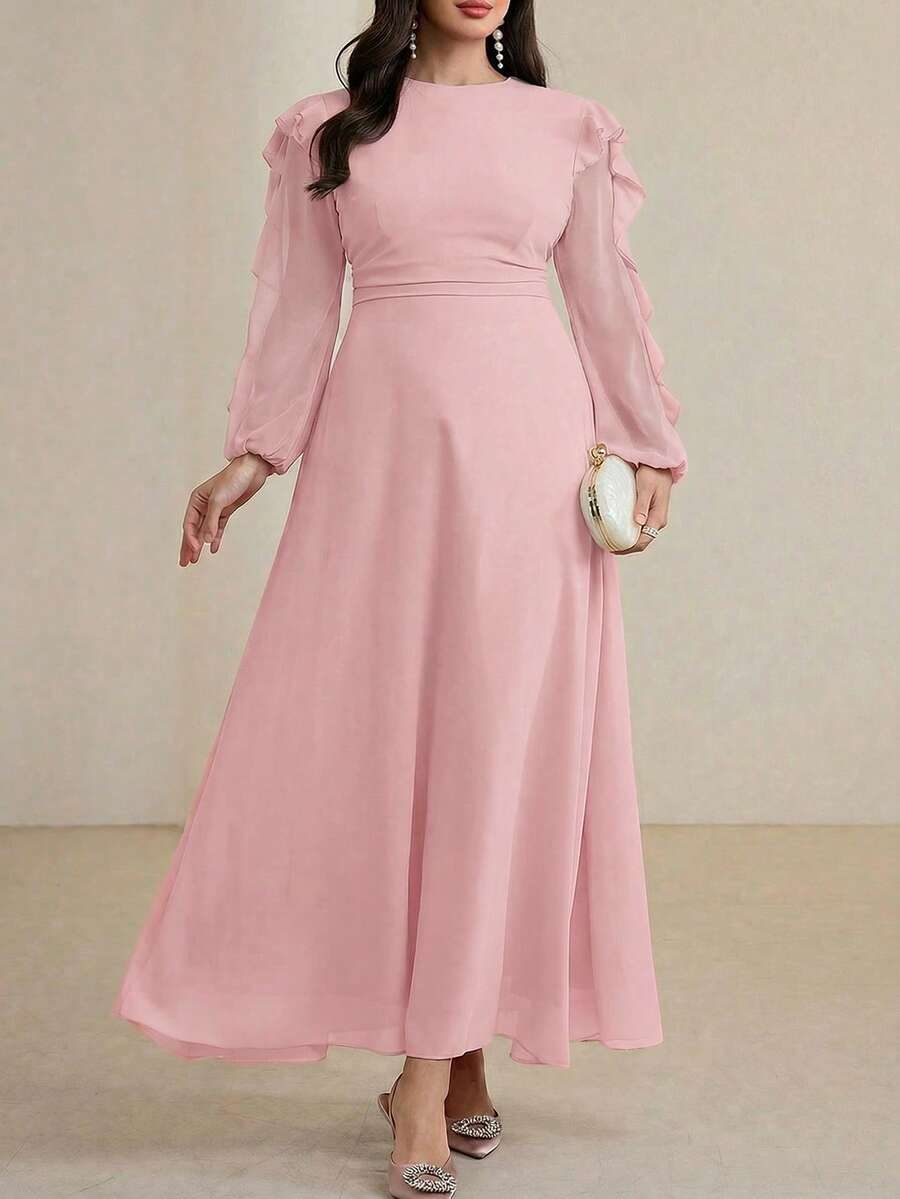 Modelyn Long Round Neck Ruffle Sleeve Black Dress - Pink - View 1