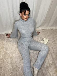 Dayanna Comas New Women High Neck Ribbed Knit Fleeced Asymmetrical Metal Decor Flare Sleeve Top And Flare Pants Two Pieces Set, Versatile For Daily Wear, Elegant & Youthful, Autumn/Winter - Grey - View 4