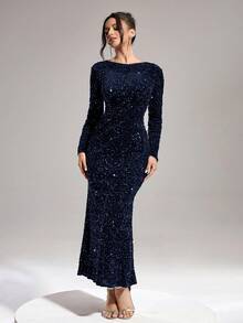 Coutiva Women's Sequin Solid Color Backless Twist Fitted Elegant Long Sleeve Formal Evening Gown,Blue Sparkly Mermaid Banquet Dress For Wedding,Party & Ball - Navy Blue - View 6