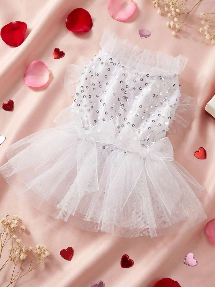 PETSIN 1pc Pet Universal Valentine's Day Sequin Mesh Princess Dress Dog Apparel - White - View 1
