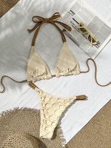 Swim Mod Solid Textured Halter Top & Swim Bottoms, Cute Bikini Set For Ladies, Summer