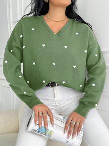 EURMUSE 女士纯色 V 领心形图案大码毛衣，休闲优雅，适合冬季日常穿着 - 綠色 - 查看 5