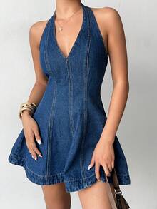 Aloruh Women's Sexy Deep V-Neck Sleeveless Short Denim Dress,Valentine's Day,Summer,Carnival,Beach,Party,Elegant Party Dress,Going Out - Blue - View 1