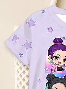 1pc Cute & Cool Kpop Girl Graphic Colorblock Short Sleeve Top, Loose Fit, Suitable For Spring, Summer, Autumn, Winter, Great Gift For Young Girls