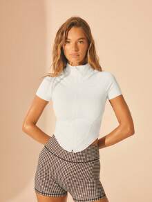 Aralina 休闲塑形下摆拉链运动上衣 - 白色 - 查看 8