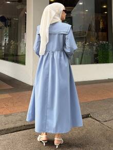 DAZY 女士休闲纯色衬衫领中长连衣裙，春夏长款连衣裙 - 藍色 - 查看 2