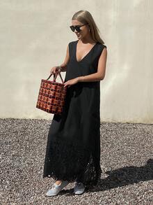 Livesso Women's Loose Casual Hollow Embroidery Pattern Dress, Suitable For Music Festival, Valentine's Day, Wedding, Beach Vacation, Deep V-Neck Sleeveless Dress, Spring/Summer - Black - View 2