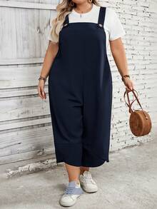 SHEIN CURVE+ Overall Hitam Wanita Ukuran Besar dengan Tali Bahu yang Dapat Diatur, Penutup Kancing, dan Saku di Bagian Kaki yang Terbelah untuk Musim Semi - Navy Blue - View 4