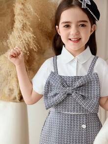 Elladie kids Set de 3 piezas para niñas jóvenes: Camisa de solapa de verano nueva, Camiseta sin mangas de manga corta y abierta por delante, Falda pantalón casual con lazo, Decoración con botones, Estilo minimalista y elegante, Versátil para verano, trabajo y fiesta - Blanco y Negro - Ver 4