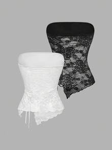 SHEIN MOD 2件組女款黑白蕾絲抹胸修身抽繩下擺開衩抹胸上衣，夏季優雅夜店舞會畢業舞會上衣 - 黑與白 - 查看 2
