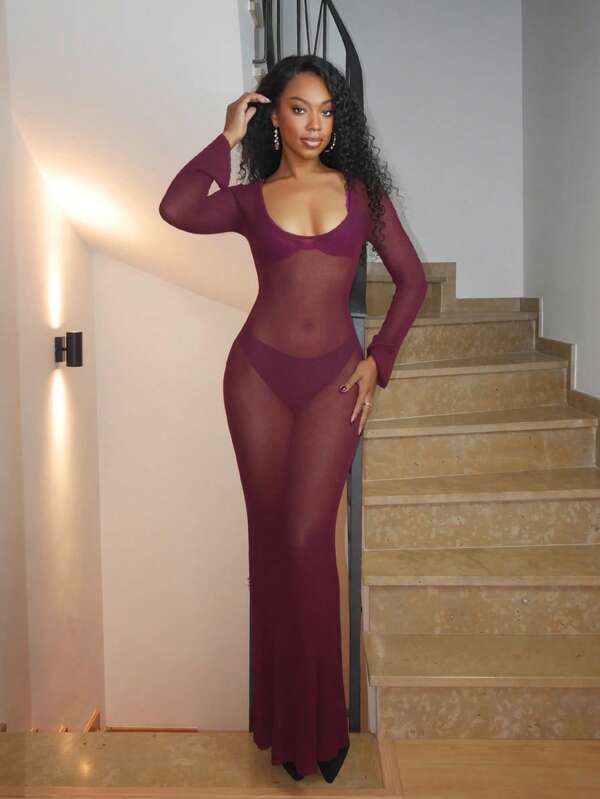 Yess Loren Sheer Knit Long Sleeve Maxi Dress Elegant Spring Vacation Cute Sexy 90's Muted Haze Graduation Holiday Summer Fall Night Out Autumn Winter Everyday