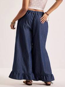 Freevana 大码休闲水洗荷叶边阔腿牛仔裤，情人节、夏季、狂欢节、海滩、派对、优雅、外出，大码休闲水洗复古阔腿牛仔裤，休闲街头拼接口袋宽松阔腿牛仔裤，宽松牛仔裤，休闲日常水洗斜插口袋宽松牛仔裤，深色水洗牛仔布，松紧腰牛仔裤，蝴蝶结腰带，抽绳腰带，荷叶边裤脚，法式休闲风，优雅休闲牛仔裤，清新夏季牛仔，度假牛仔，海滩，下午茶，周末度假，夏季街头风，荷叶边七分牛仔裤，春夏宽松牛仔裤 - 藍色 - 查看 2