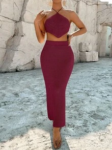 Breezaya Women's Solid Color Minimalist Halter Top And Skirt 2-Piece Casual Vacation Set - Burgundy - View 5
