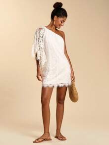 Travachic Đầm ngắn hai dây ren màu trơn thanh lịch dành cho nữ - trắng - Xem 4