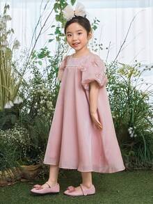 DAZY Young Girls Party Birthday Solid Color Short Sleeve Formal Dress Vacation - Apricot - View 1