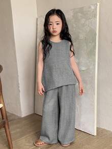 DAZY 2pcs/Set Young Girls Round Neck Twist Knot Sleeveless Shirt And Leggings Set - Grey - View 4