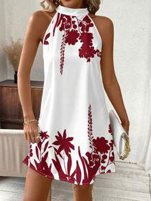 SHEIN Clasi Đầm cổ yếm in họa tiết cây cỏ dành cho nữ, thích hợp cho kỳ nghỉ. - Đỏ và trắng - Xem 5