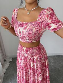 SHEIN Elenzya Women's Elegant Vintage Retro Print Square Collar Cropped Top Paired With High Waist A-Line Patchwork Skirt, Spring/Summer - Pink - View 3