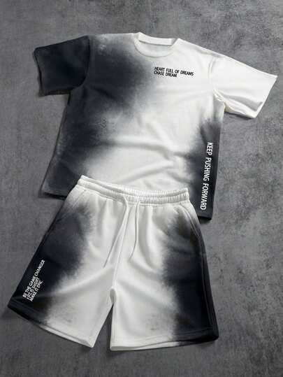 Manfinity ZONE917 宽松街头休闲黑白渐变极简标语印花黑色短袖T恤和短裤套装，适合夏季，运动必备，送给男朋友的绝佳礼物